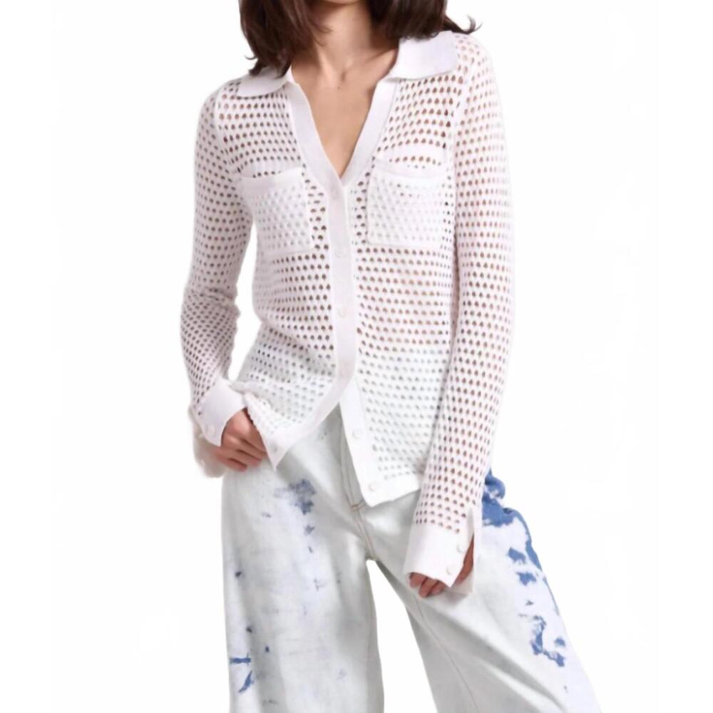NEW MINNIE ROSE plaited mesh button down top in white/white